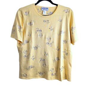 Pendleton Vintage Silk Blend Embroidered Floral Short Sleeve Yellow Ribbed Top